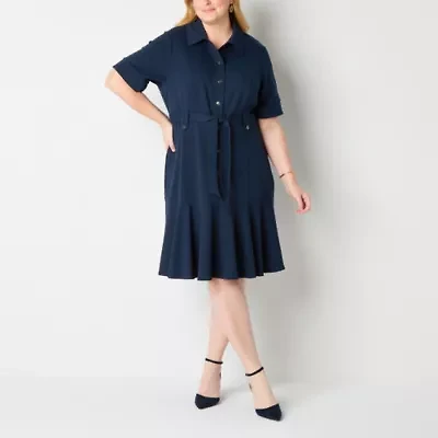 Liz Claiborne Womens Short Sleeve Midi Plus Shirt Dress