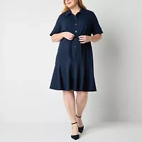 Liz Claiborne Womens Short Sleeve Midi Plus Shirt Dress