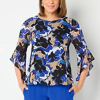 Black Label by Evan-Picone Floral Womens Crew Neck 3/4 Sleeve Blouse