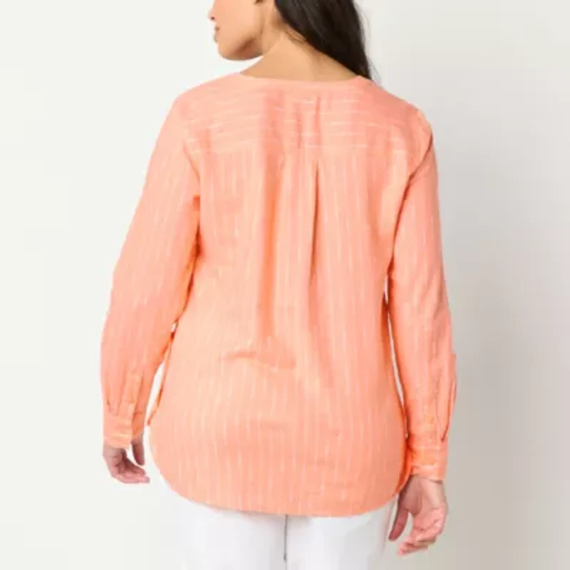 Liz Claiborne Womens Split Crew Neck 3/4 Sleeve Roll Tab Regular Fit Tall Button-Down Shirt
