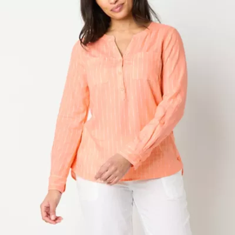 Liz Claiborne Womens Split Crew Neck 3/4 Sleeve Roll Tab Regular Fit Tall Button-Down Shirt