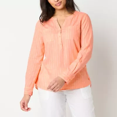 Liz Claiborne Womens Split Crew Neck 3/4 Sleeve Roll Tab Regular Fit Tall Button-Down Shirt