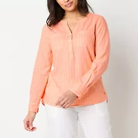 Liz Claiborne Womens Split Crew Neck 3/4 Sleeve Roll Tab Regular Fit Tall Button-Down Shirt
