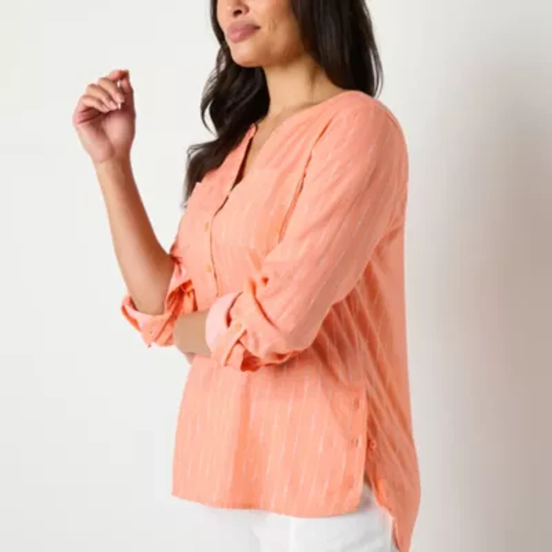 Liz Claiborne Womens Split Crew Neck 3/4 Sleeve Roll Tab Regular Fit Tall Button-Down Shirt