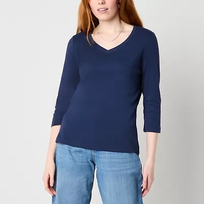 St. John's Bay Womens V Neck 3/4 Sleeve Tall T-Shirt