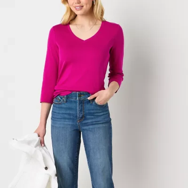 St. John's Bay Womens Tall V Neck 3/4 Sleeve T-Shirt