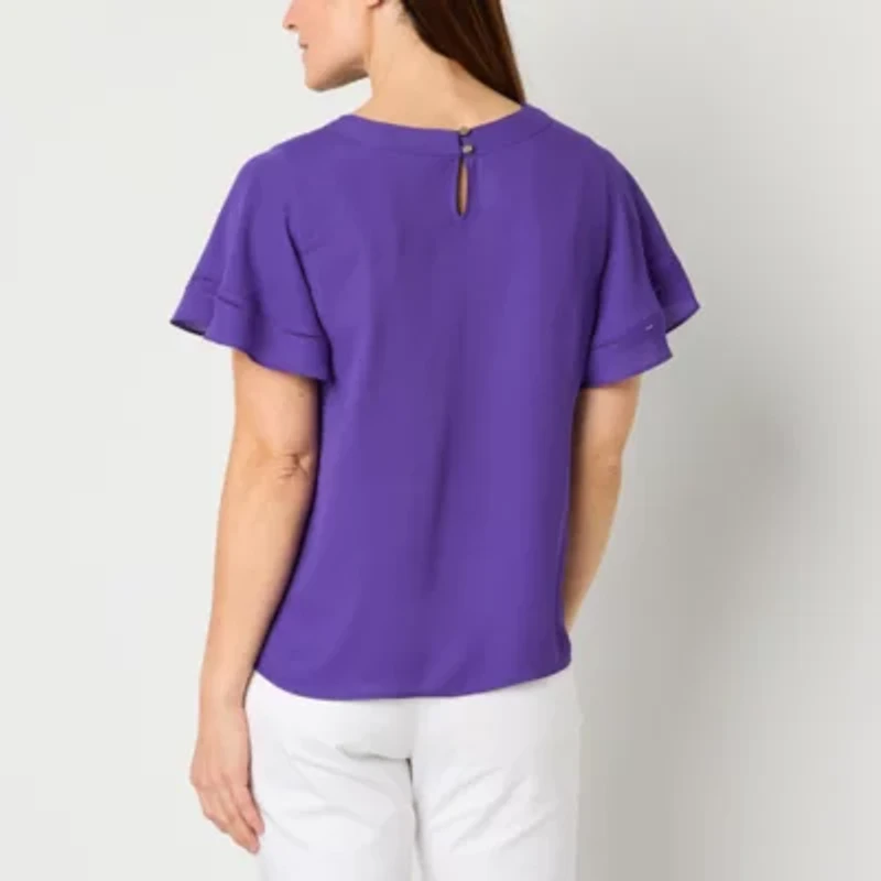 Liz Claiborne Womens Plus Round Neck Short Sleeve Blouse