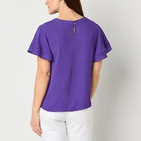 Liz Claiborne Womens Plus Round Neck Short Sleeve Blouse
