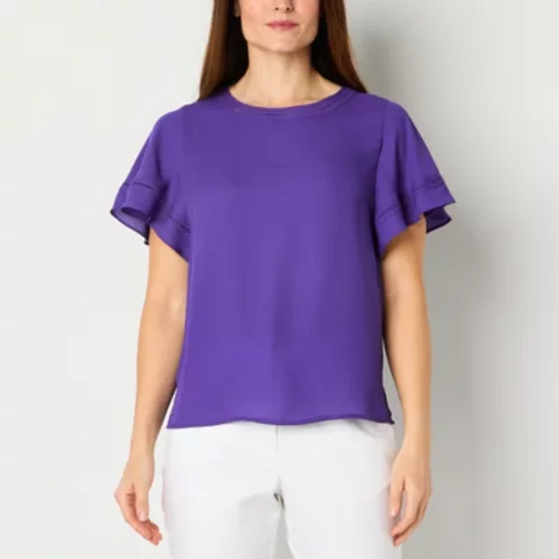 Liz Claiborne Womens Plus Round Neck Short Sleeve Blouse