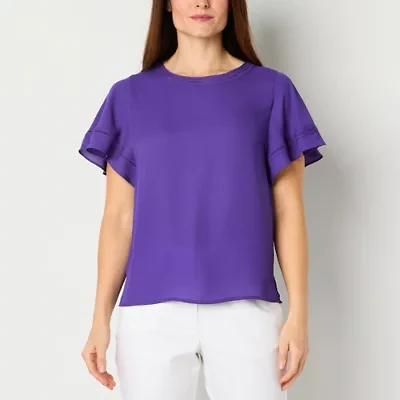 Liz Claiborne Womens Plus Round Neck Short Sleeve Blouse