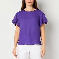 Liz Claiborne Womens Plus Round Neck Short Sleeve Blouse