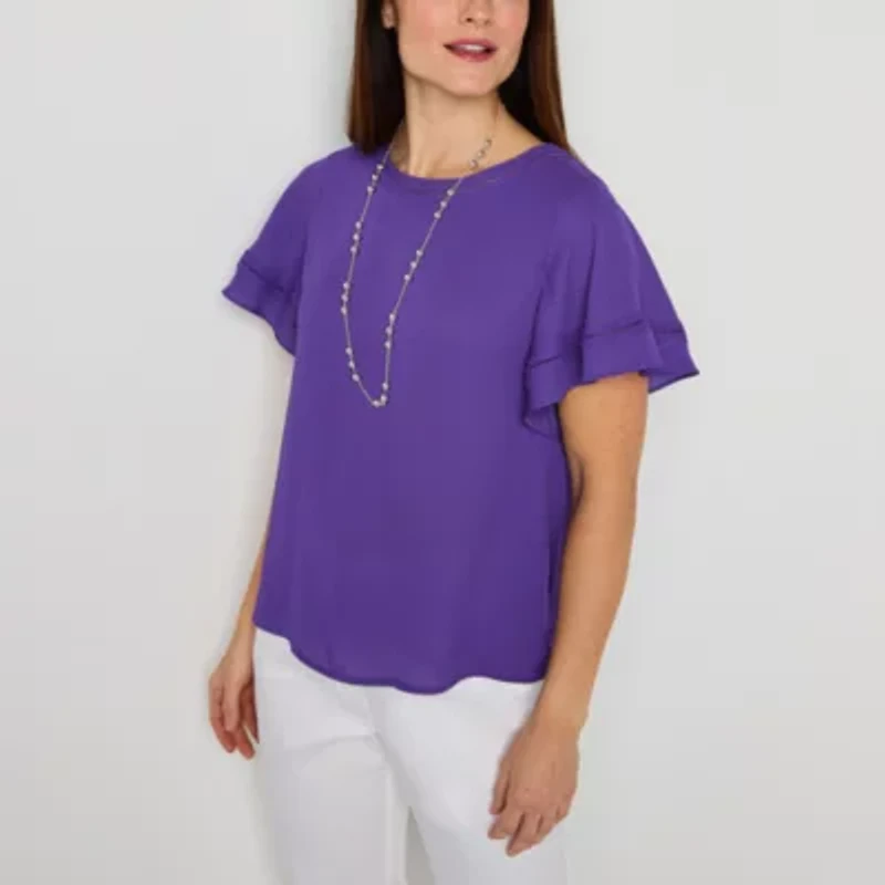 Liz Claiborne Womens Plus Round Neck Short Sleeve Blouse