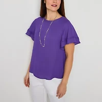Liz Claiborne Womens Plus Round Neck Short Sleeve Blouse