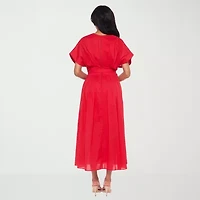 Premier Amour Womens Midi V Neck Short Sleeve Dolman Fit + Flare Dress