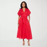 Premier Amour Womens Midi V Neck Short Sleeve Dolman Fit + Flare Dress