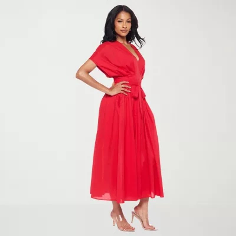 Premier Amour Womens Midi V Neck Short Sleeve Dolman Fit + Flare Dress