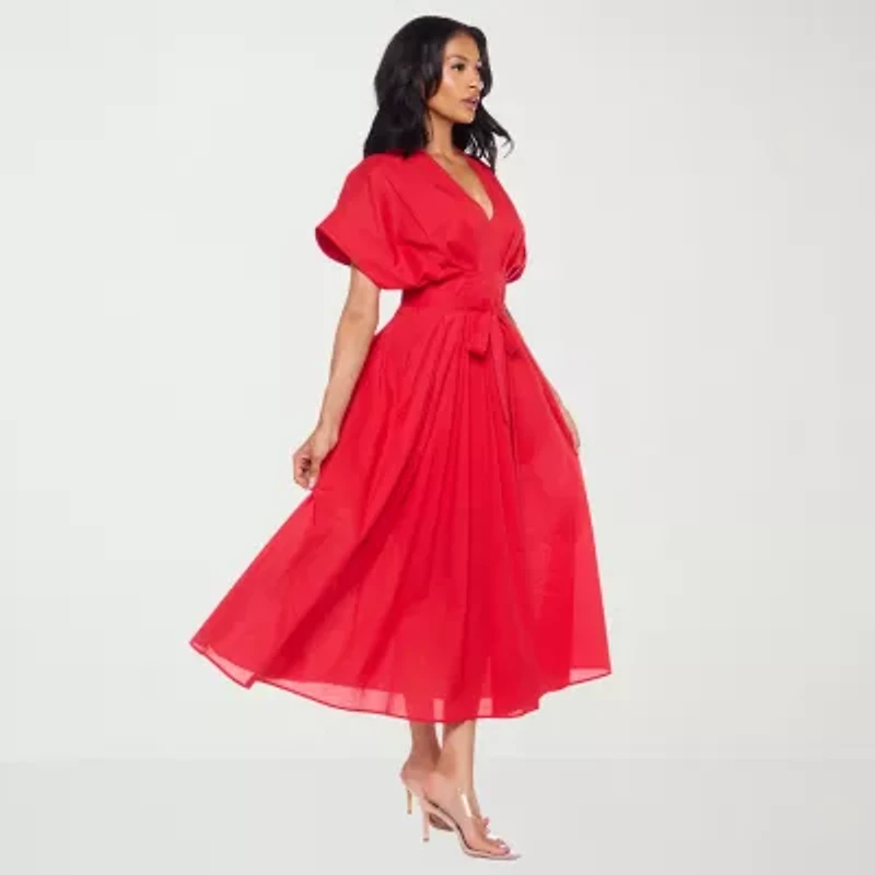 Premier Amour Womens Midi V Neck Short Sleeve Dolman Fit + Flare Dress