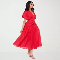 Premier Amour Womens Midi V Neck Short Sleeve Dolman Fit + Flare Dress