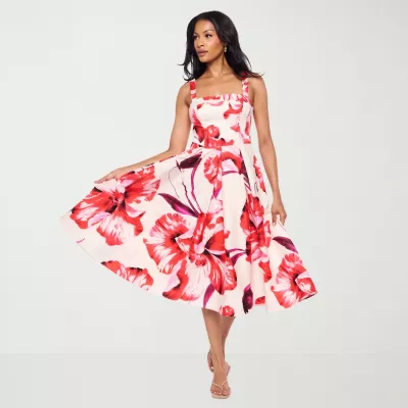 Premier Amour Womens Midi Straight Neck Sleeveless Floral Fit + Flare Dress