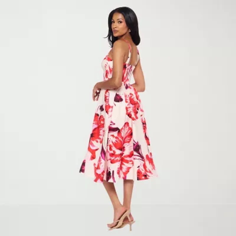 Premier Amour Womens Midi Straight Neck Sleeveless Floral Fit + Flare Dress