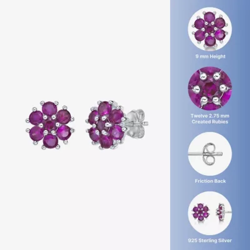 Lab Created Red Ruby Sterling Silver 9mm Flower Stud Earrings