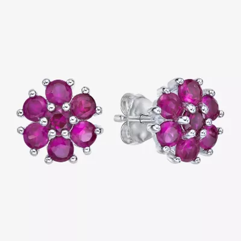Lab Created Red Ruby Sterling Silver 9mm Flower Stud Earrings