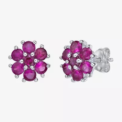 Lab Created Red Ruby Sterling Silver 9mm Flower Stud Earrings