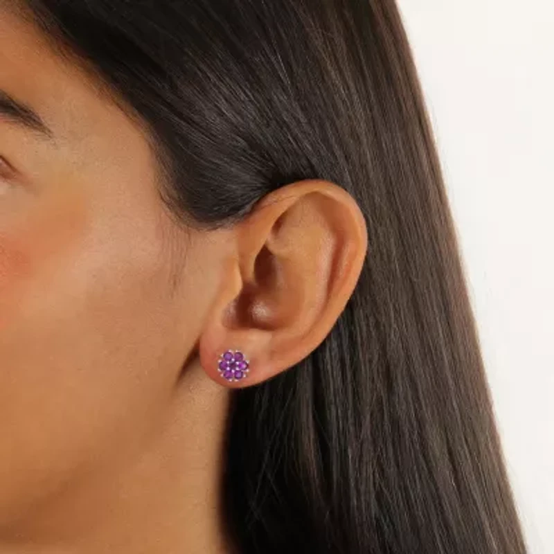 Lab Created Red Ruby Sterling Silver 9mm Flower Stud Earrings