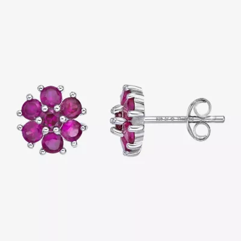 Lab Created Red Ruby Sterling Silver 9mm Flower Stud Earrings