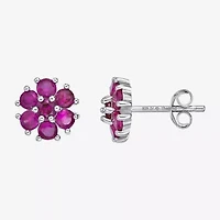 Lab Created Red Ruby Sterling Silver 9mm Flower Stud Earrings