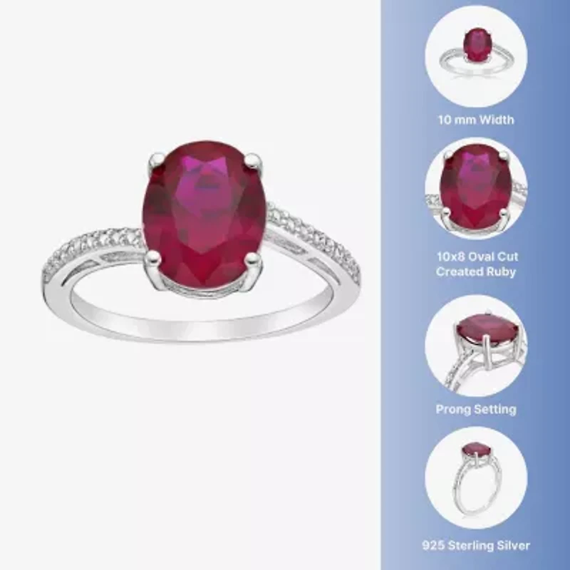 Womens Diamond Accent Lab Created Red Ruby Sterling Silver Oval Side Stone Cocktail Ring