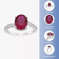 Womens Diamond Accent Lab Created Red Ruby Sterling Silver Oval Side Stone Cocktail Ring