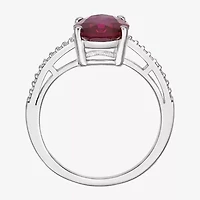Womens Diamond Accent Lab Created Red Ruby Sterling Silver Oval Side Stone Cocktail Ring