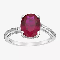 Womens Diamond Accent Lab Created Red Ruby Sterling Silver Oval Side Stone Cocktail Ring