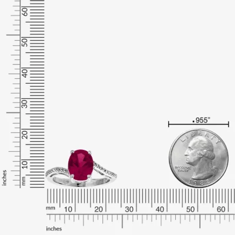 Womens Diamond Accent Lab Created Red Ruby Sterling Silver Oval Side Stone Cocktail Ring