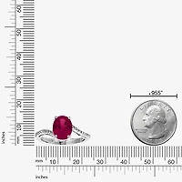 Womens Diamond Accent Lab Created Red Ruby Sterling Silver Oval Side Stone Cocktail Ring