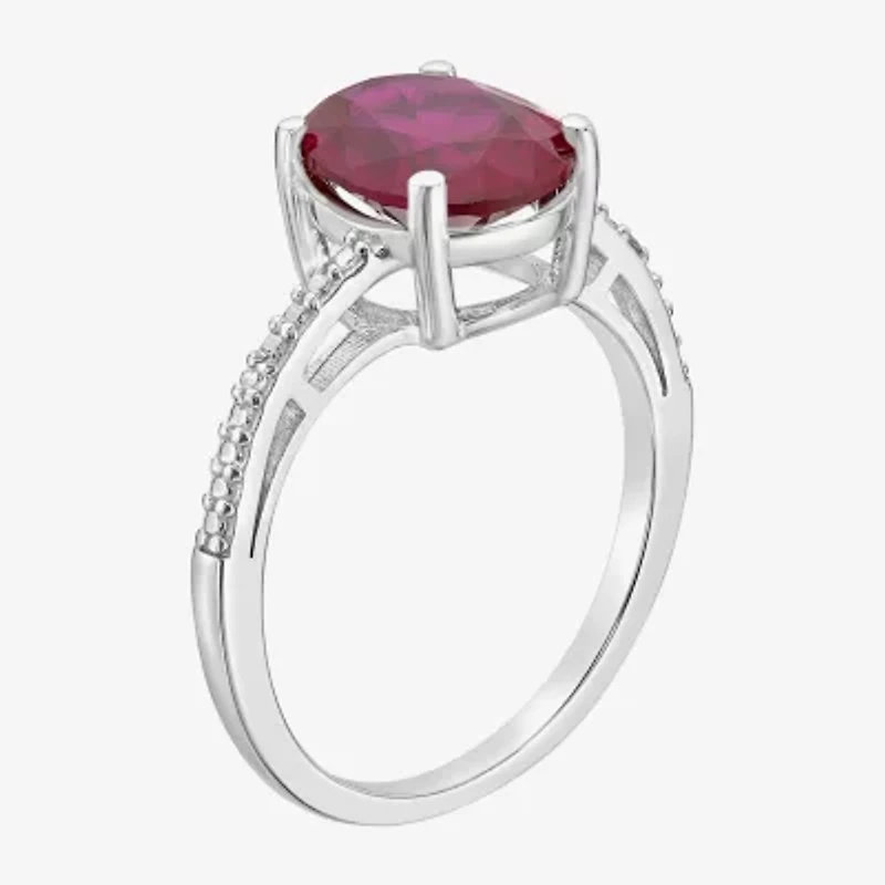 Womens Diamond Accent Lab Created Red Ruby Sterling Silver Oval Side Stone Cocktail Ring