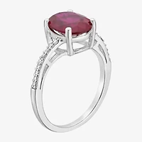 Womens Diamond Accent Lab Created Red Ruby Sterling Silver Oval Side Stone Cocktail Ring