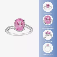 Womens Diamond Accent Lab Created Pink Sapphire Sterling Silver Oval Side Stone Cocktail Ring