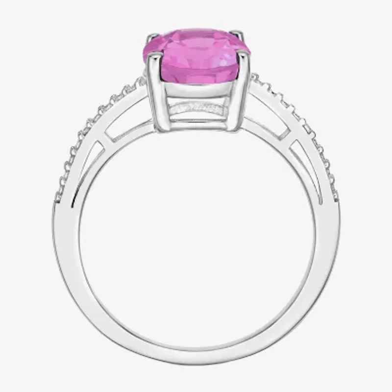 Womens Diamond Accent Lab Created Pink Sapphire Sterling Silver Oval Side Stone Cocktail Ring