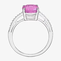 Womens Diamond Accent Lab Created Pink Sapphire Sterling Silver Oval Side Stone Cocktail Ring