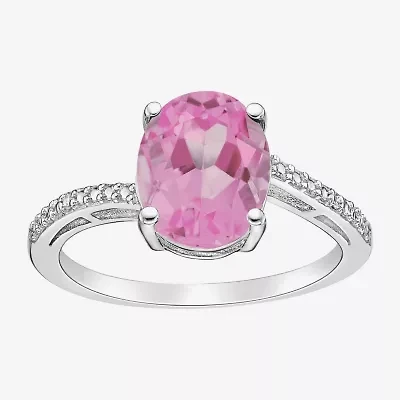 Womens Diamond Accent Lab Created Pink Sapphire Sterling Silver Oval Side Stone Cocktail Ring