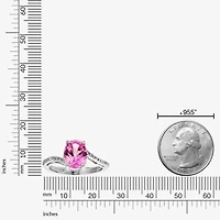 Womens Diamond Accent Lab Created Pink Sapphire Sterling Silver Oval Side Stone Cocktail Ring