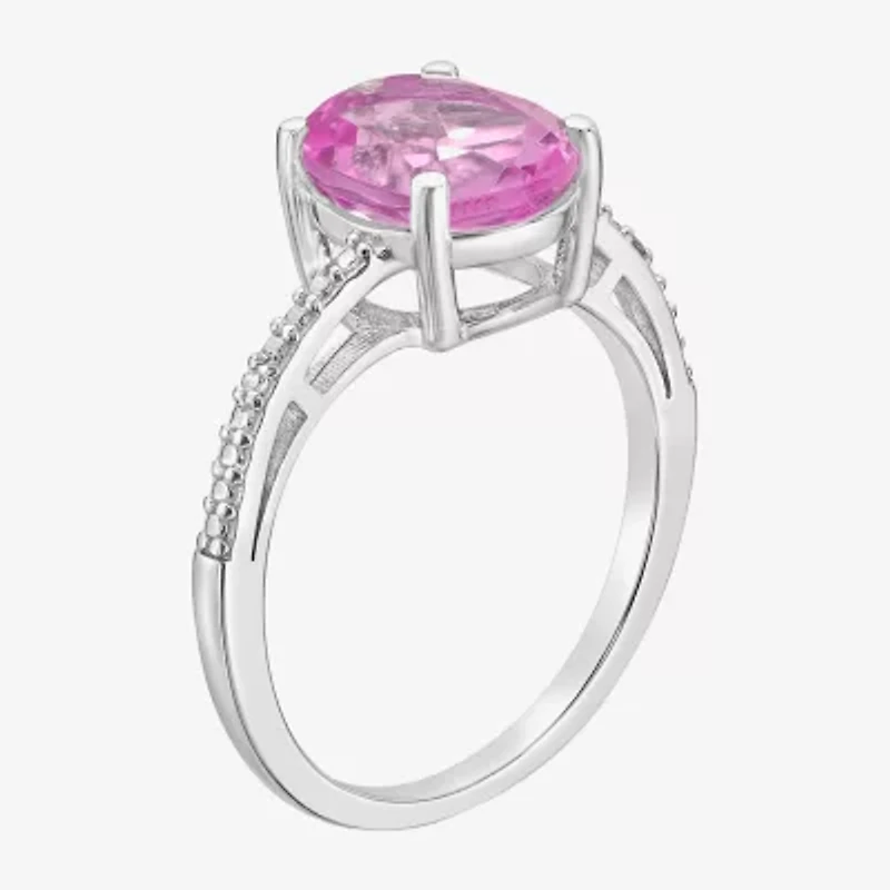 Womens Diamond Accent Lab Created Pink Sapphire Sterling Silver Oval Side Stone Cocktail Ring