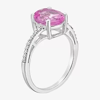Womens Diamond Accent Lab Created Pink Sapphire Sterling Silver Oval Side Stone Cocktail Ring