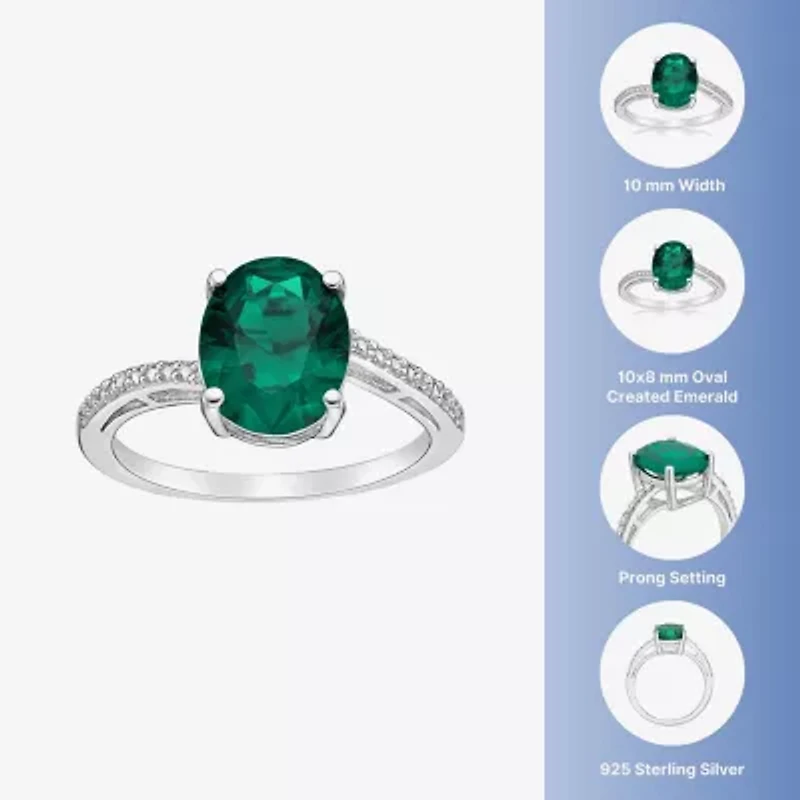 Womens Diamond Accent Lab Created Green Emerald Sterling Silver Oval Side Stone Cocktail Ring
