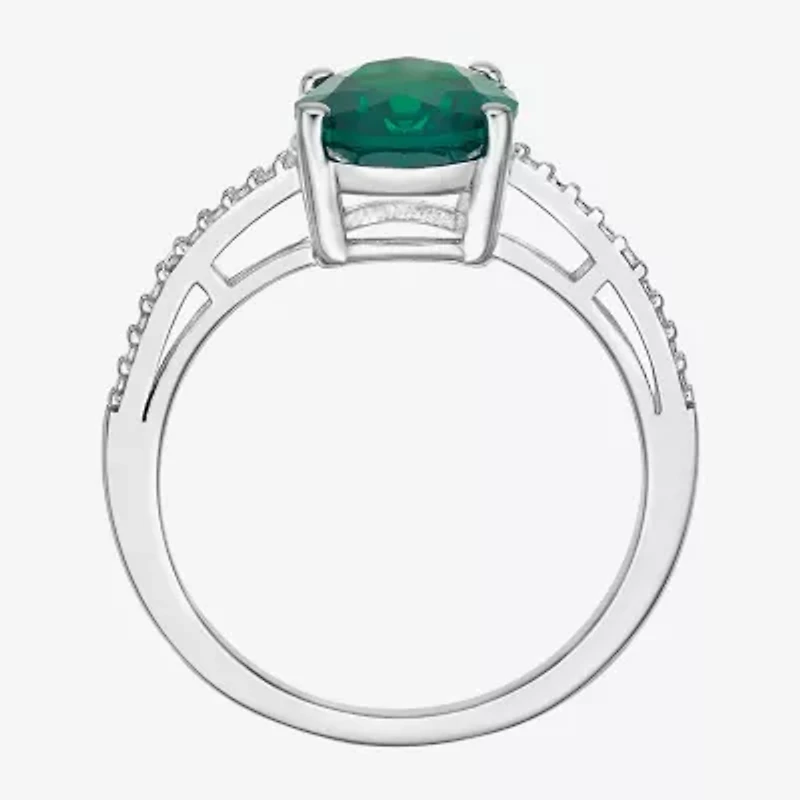 Womens Diamond Accent Lab Created Green Emerald Sterling Silver Oval Side Stone Cocktail Ring