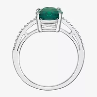 Womens Diamond Accent Lab Created Green Emerald Sterling Silver Oval Side Stone Cocktail Ring