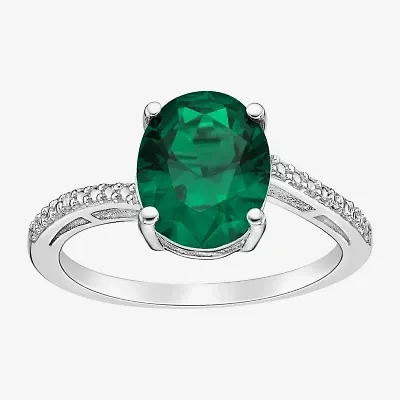Womens Diamond Accent Lab Created Green Emerald Sterling Silver Oval Side Stone Cocktail Ring