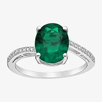 Womens Diamond Accent Lab Created Green Emerald Sterling Silver Oval Side Stone Cocktail Ring